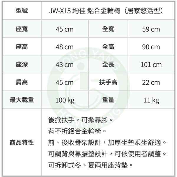 均佳 JW-X15 鋁合金輪椅 (居家悠活型) 可收合輪椅 居家型輪椅 輕便輪椅 輕量型輪椅 手動輪椅