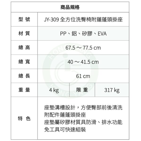 晉宇 全方位洗臀椅附蓮蓬頭掛座 JY-309 溝槽排水座墊 洗澡椅 沐浴椅