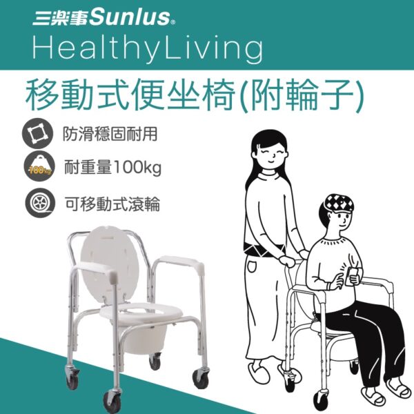免運 Sunlus 三樂事 移動式 便坐椅 附輪子 SP5610 便盆椅 沐浴椅