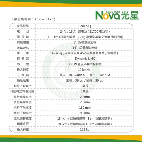 NOVA 光星 Caneo Q 可收合電動輪椅  3種座寬 座高可調 電動輪椅 折背 拆腳 輕便型 可收折 輪椅