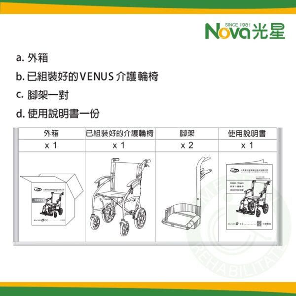 NOVA 光星  Venus 輕巧介護輪椅 室內功能型 手動輪椅 輕便型 可收折 介護型 輪椅